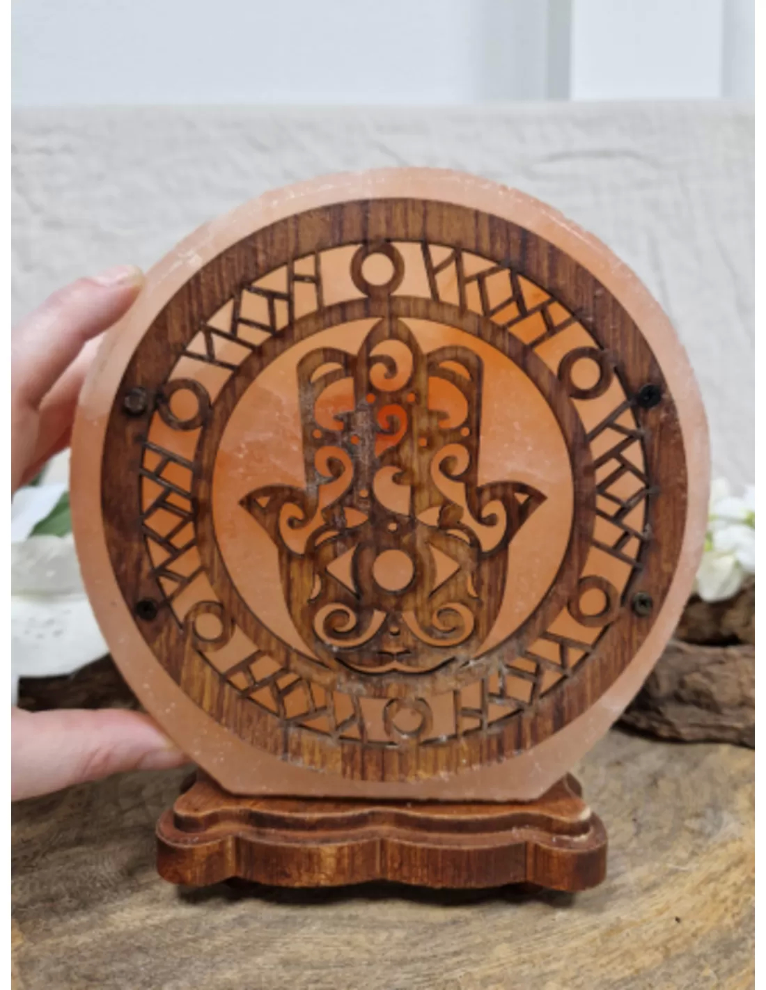 Zoutsteen lamp hamsa hand rond deco incl. elektra 3 Zoutsteen lamp hamsa hand rond deco incl. elektra - Afbeelding 3